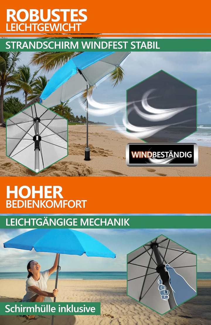 4smile Sonnenschirm Strand SunnyJoy 3-IN-1-SET, Fb. Blau - Strandschirm Ø 180 cm + Bodenhülse + Schu