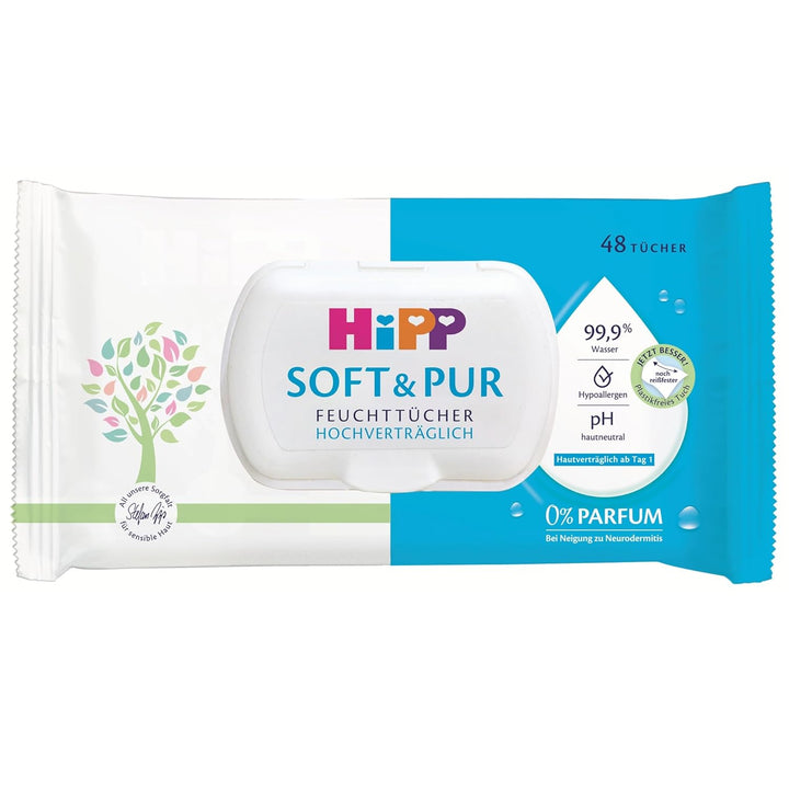 HiPP Babysanft Feuchttücher Soft und Pur, 864 Stück (18 Packungen mit 48), mit 99,9% Wasser und 0% P