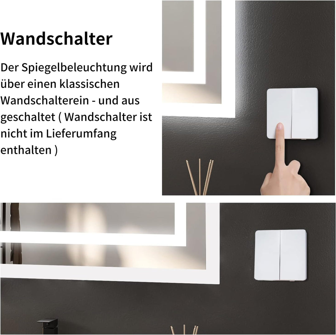 Boromal Badspiegel mit Beleuchtung 60x40cm Wandschalter Badezimmerspiegel Horizontal/Vertikal 6500K