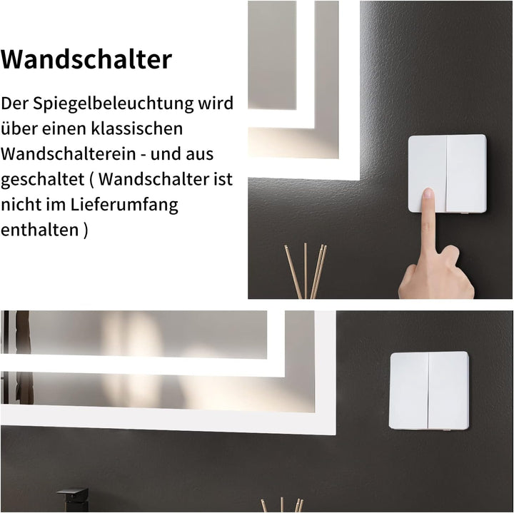 Boromal Badspiegel mit Beleuchtung 60x40cm Wandschalter Badezimmerspiegel Horizontal/Vertikal 6500K