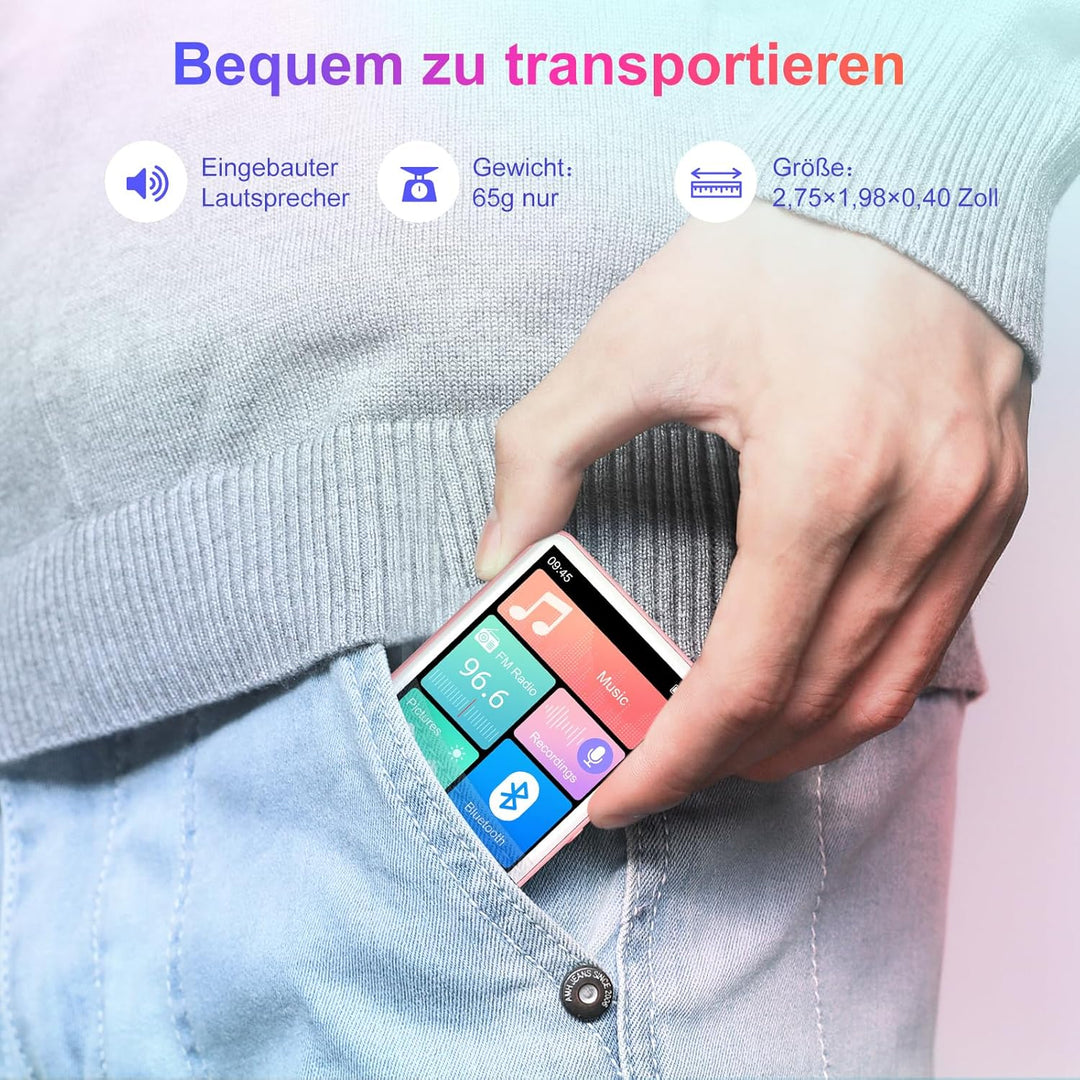 128GB MP3-Player Bluetooth 5.4, 2.4" Full Touchscreen Tragbarer MP3 Musik Player mit Lautsprecher, F