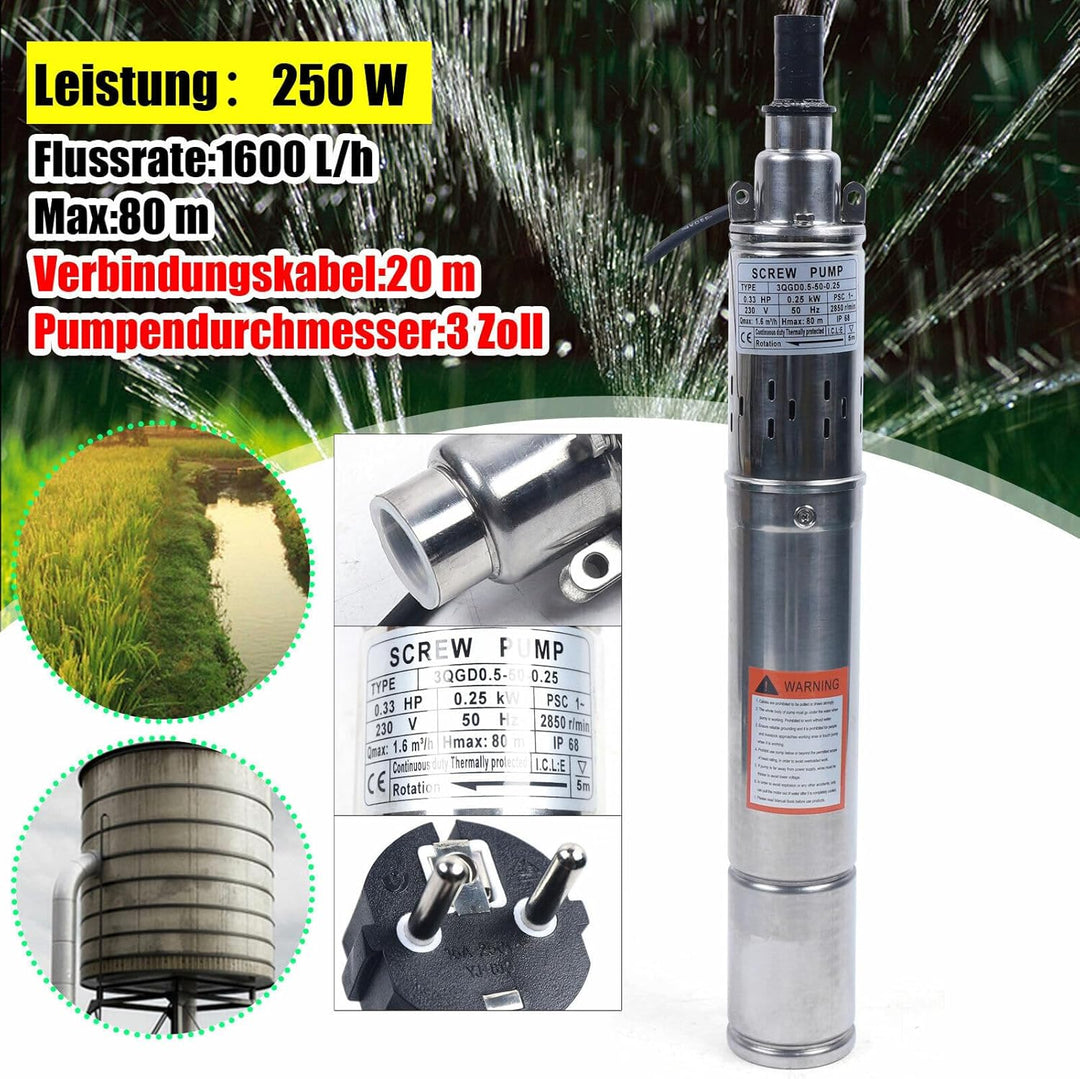3" Zoll 250W Tiefbrunnenpumpe Brunnenpumpe Schraubenpumpe Tauchpumpe 1600 L/h