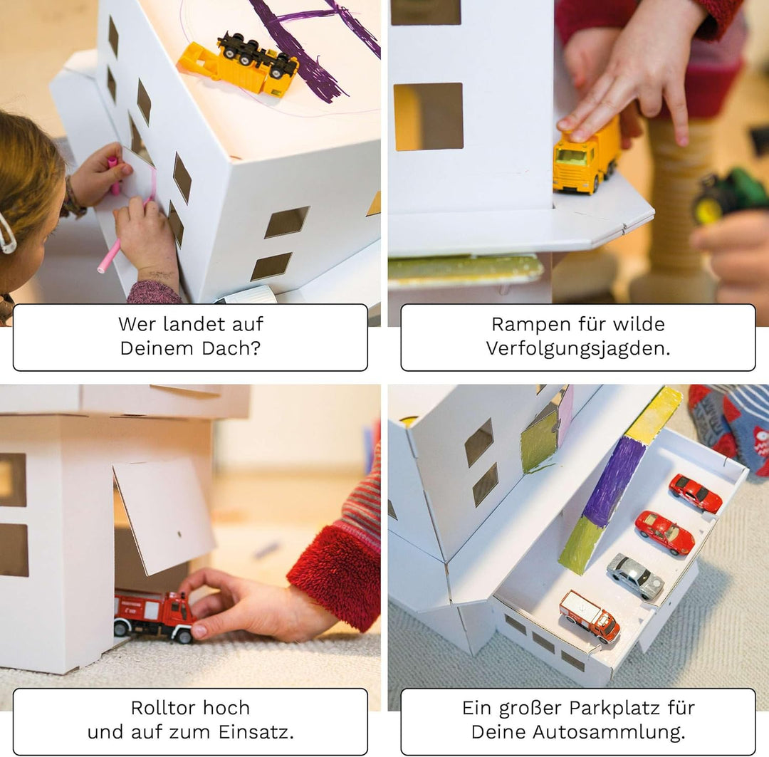 3 in 1 Spielhaus 65 x 50 x 50 cm Hubschrauberlandeplatz grosse Garage umlaufende Fahrbahn aus Pappe