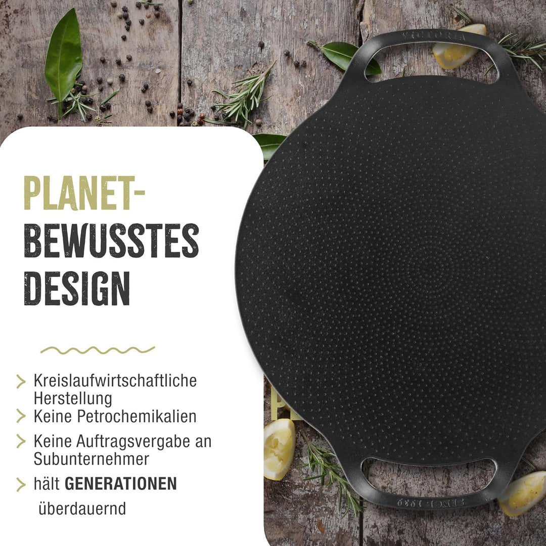 Victoria Grillplatte fur Pizza Gusseisen Pizzablech, 38cm mit Griffen, Induktion, Feuer, Grill, Ofen