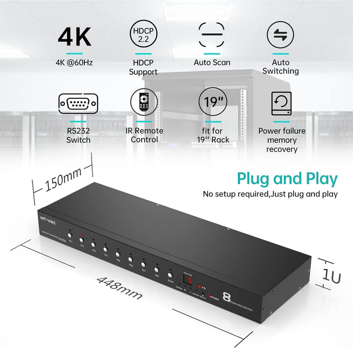 MT-VIKI 4K60Hz 8 Port HDMI Switch 8 in 1 Out mit IR-Fernbedienung Auto Scan 1U Rackmount HDR HDCP2.2