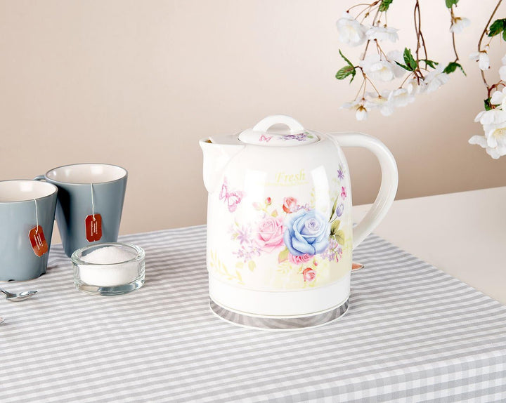 Rosenstein & Söhne Wasserkocher Blumen: Keramik-Wasserkocher mit Blumenmuster, 1,7 Liter, 1.500 Watt