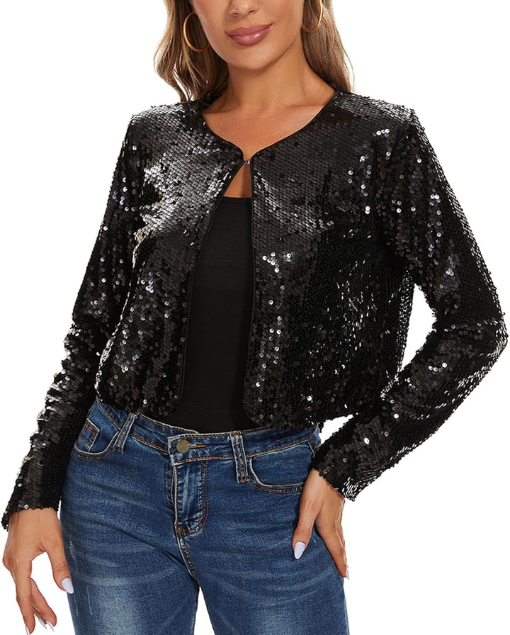 MINTLIMIT Damen Pailletten Strickjacke Kurz Offene Cardigan Langarm Bolero Dünne Elegant Hakenversch