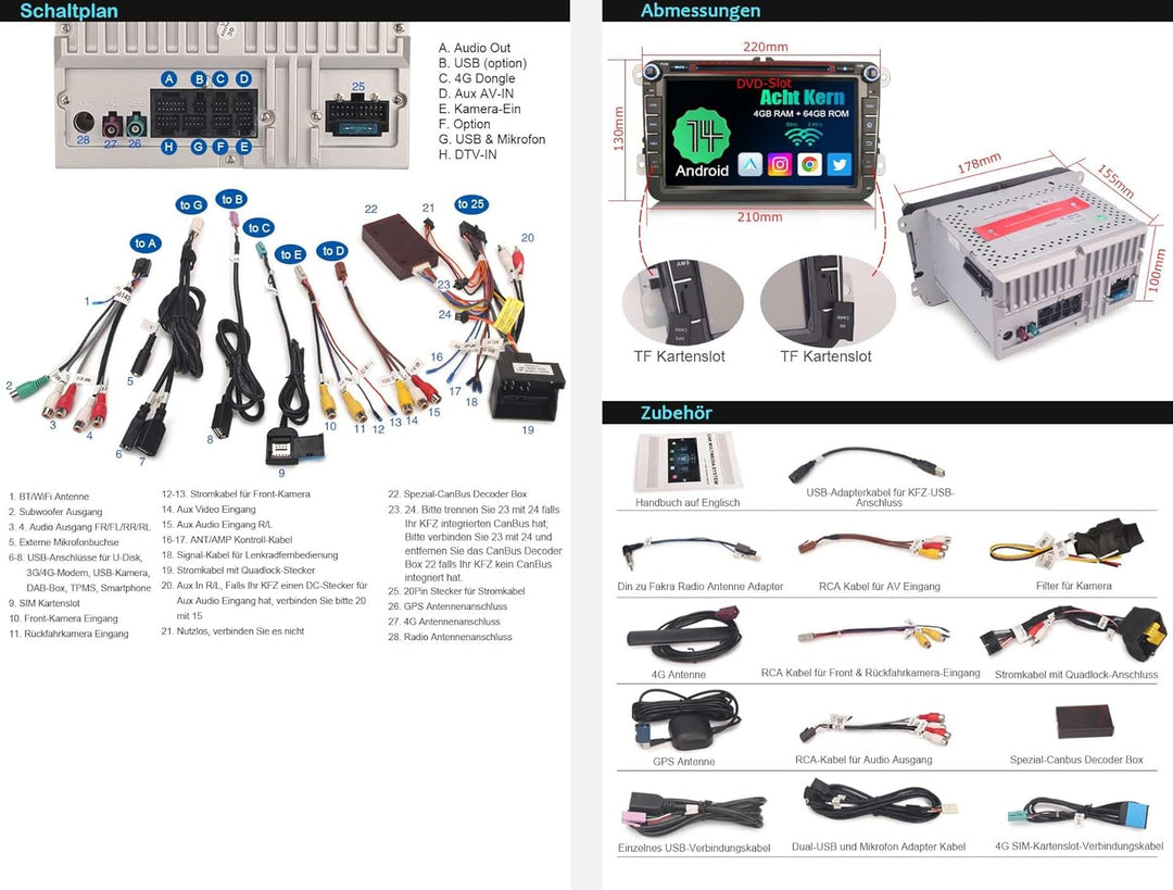 Erisin Android 14 8 Zoll 8-Kern 4GB+64GB DVD Autoradio Mit GPS Navi für VW Golf 5 Golf 6 T5 Touran P