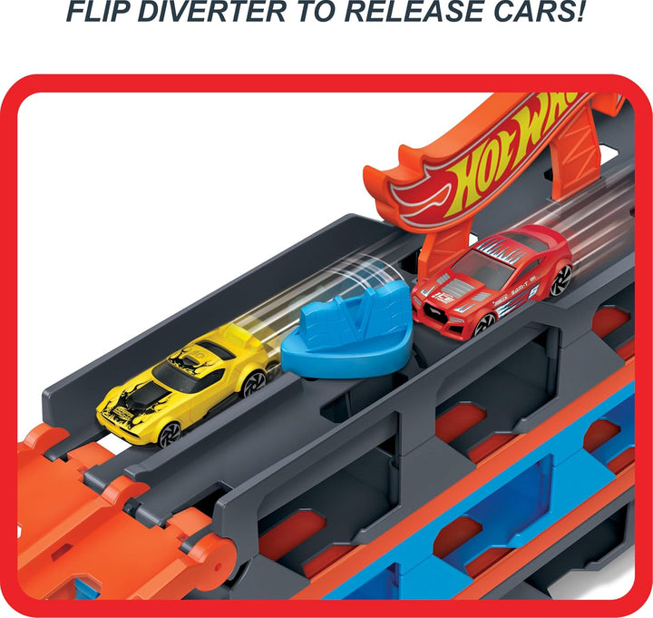 Hot Wheels 2:1 Autorennbahn zu Transporter, inkl. 3 Spielzeugautos, mit Doppelstarter, Auslösefunkti