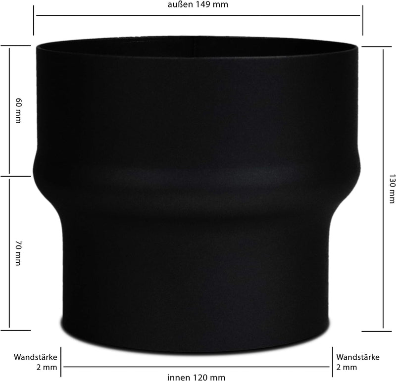 LANZZAS Rauchrohr Erweiterung von Ø 120 mm auf Ø 150 mm - Farbe: schwarz -