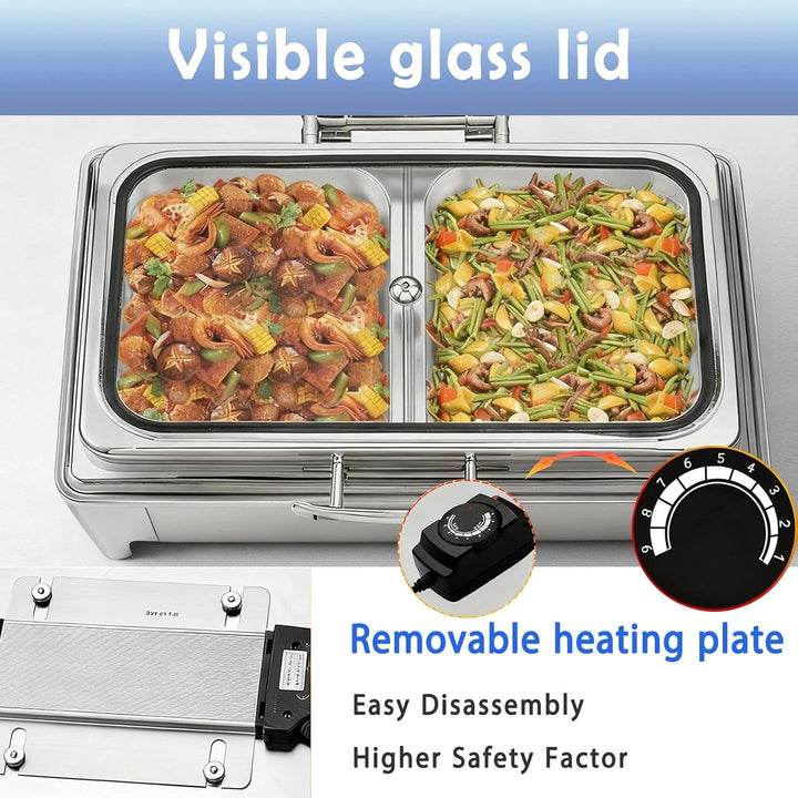 Chafing Dish Elektrisch 9L, Elektrische Speisewärmer Buffetwärmer mit Sichtbarem Glasdeckel, Kommerz