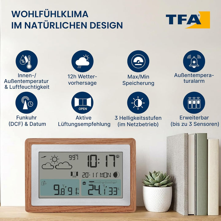 TFA Dostmann Funk-Wetterstation mit Aussensensor OAK, 35.1167.54, Wettervorhersage, mit Holz-Rahmen,