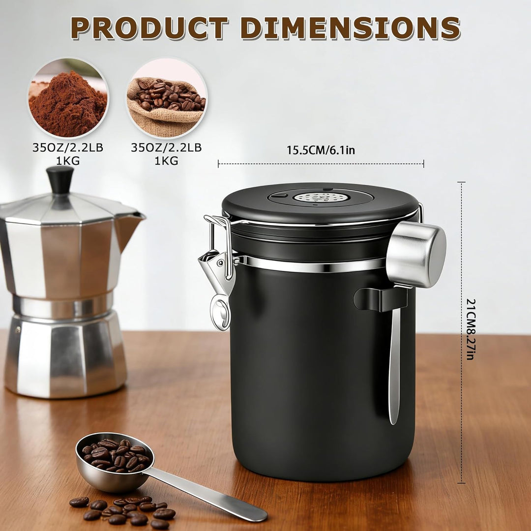 Kaffeedose aus Edelstahl 2,8L, Kaffeedose Luftdicht, Messlöffel & Datumsanzeige, 1kg Bohnen Vakuum K
