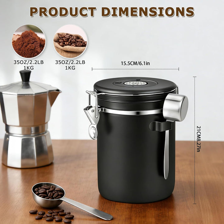 Kaffeedose aus Edelstahl 2,8L, Kaffeedose Luftdicht, Messlöffel & Datumsanzeige, 1kg Bohnen Vakuum K