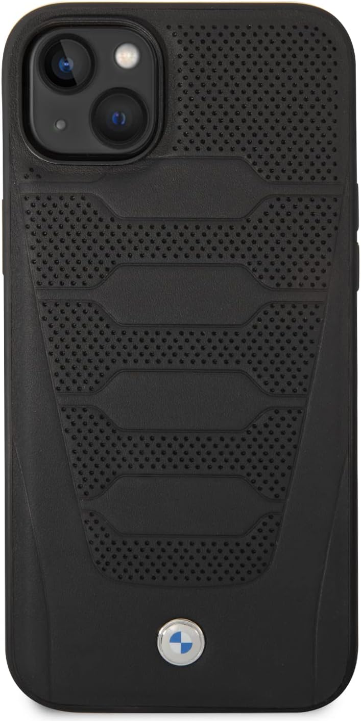 CG MOBILE BMW Phone Case for iPhone 14 Signature Collection in Black Perforated Seats, Real Leather