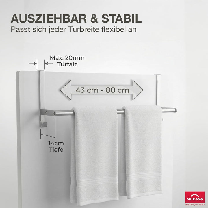 MDCASA Handtuchstange, Edelstahl I Handtuchhalter ohne Bohren & verstellbar inkl. Kratzschutz I Stab