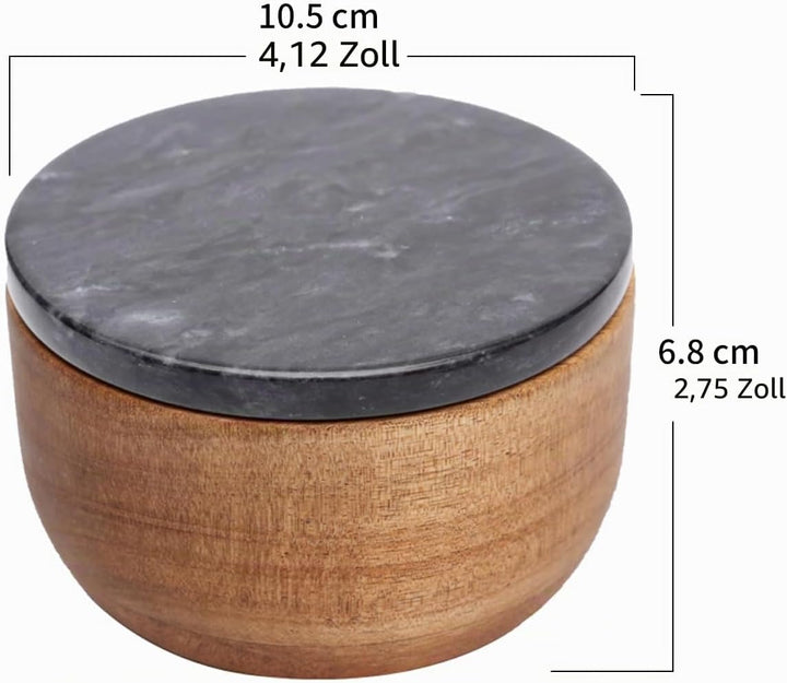 Holz Salz Box Gewürzdose Gewürzbehälter Massiv Natur Akazie Boden Marmor Deckel Elegant Design Deko