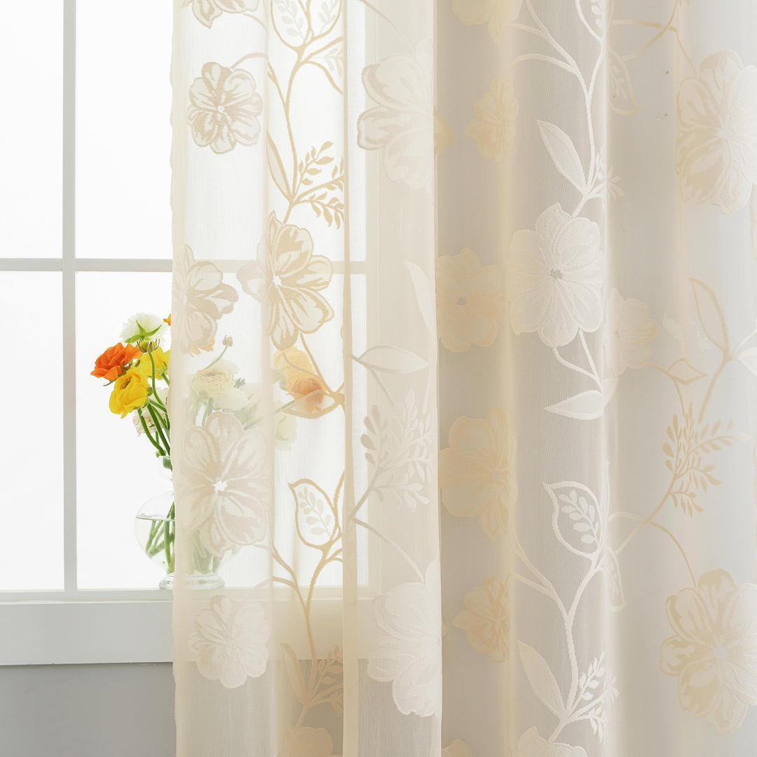 Treatmentex Spitze Vorhang Jacquard Gardinen mit Ösen Schwarze 3D Blumenmuster Halbtransparente Vorh