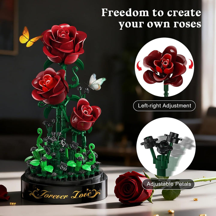 Blumen Rosen Bausatz mit LED Licht, 241 Teile Burgunderrot Rosenstrauss, 3.6MM Blumenstrauss Baustei