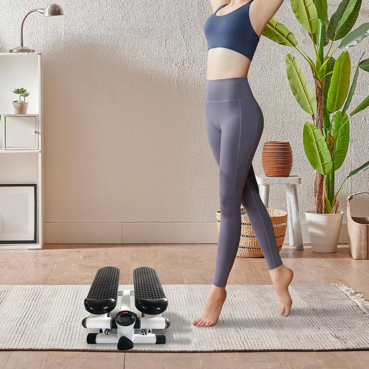 Mini Stepper Fitnessgerät für Zuhause, Hydraulischer Heimtrainer mit Widerstandsbändern & LCD Displa