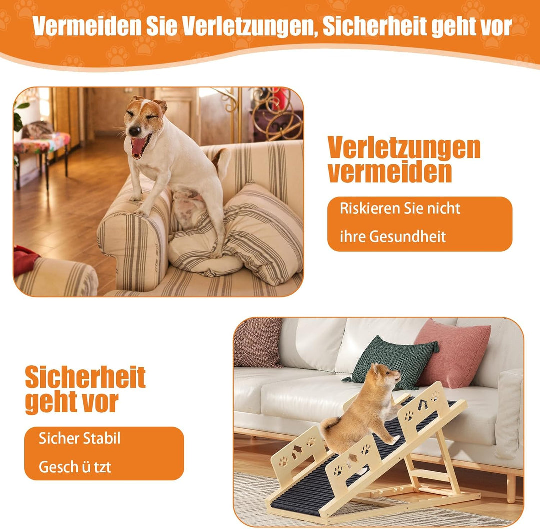 Hunderampe 100cm, 4-stufige Höhenverstellbare von 35CM bis 58CM Hunderampe Bett Rampe Hund aus Holz