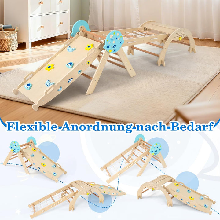 COSTWAY Klettergerüst Indoor 4er Set, klappabres Kletterdreieck mit Rutsche, Kletterbogen, Netz, ink