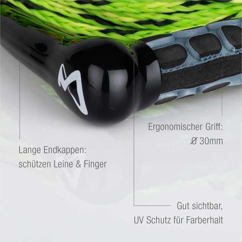 Mesle Wasserski und Wakeboard-Leine Ergo, Länge 23m Zug-Seil mit Hantel Griff lime, lime