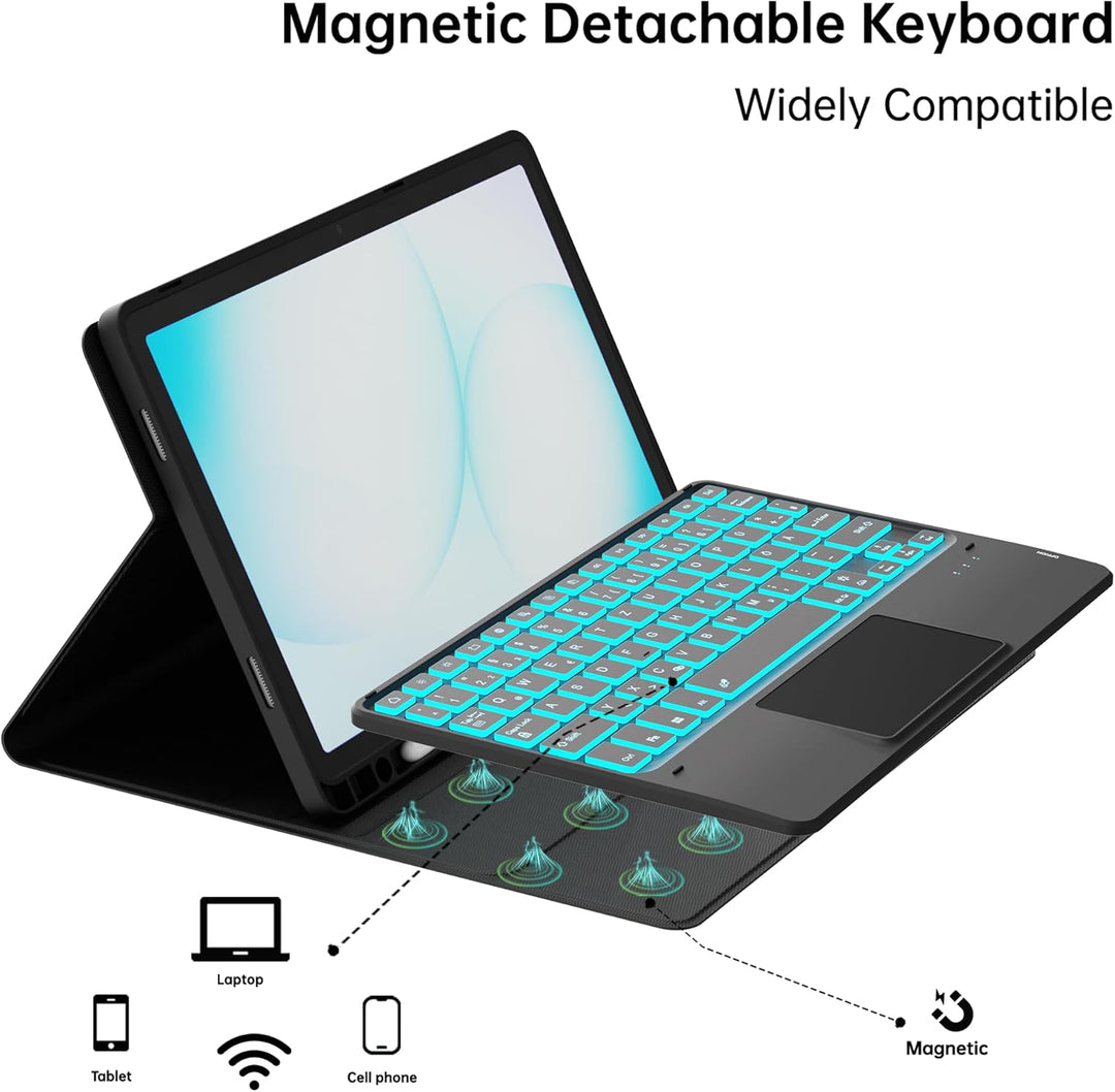 ROOFEI Für Galaxy Tab A11+/A9+ Hülle mit Tastatur - 7 Farben Beleuchtung Abnehmbare Trackpad Tablet