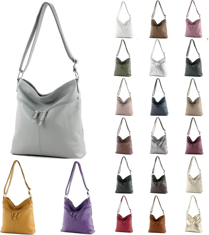 modamoda de - T196 - ital Umhängetasche Schultertasche aus Leder Weiss, Weiss