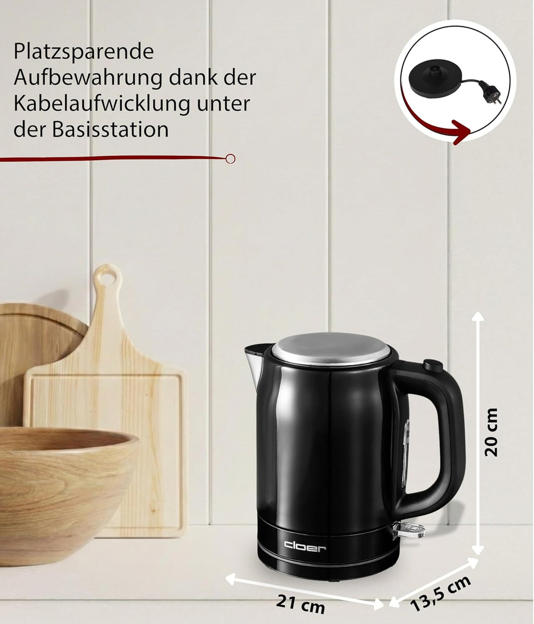 Cloer 4510 Wasserkocher Edelstahl, 2200 W, Wasserstandsanzeige, Trockengeh-und Überhitzungsschutz, 1