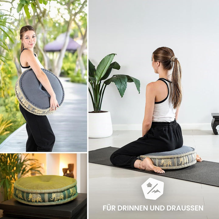livasia Meditationskissen mit Thaiseide - Ø 45x15cm - Yogakissen mit Kapok, Pouf, Bodenkissen für Yo