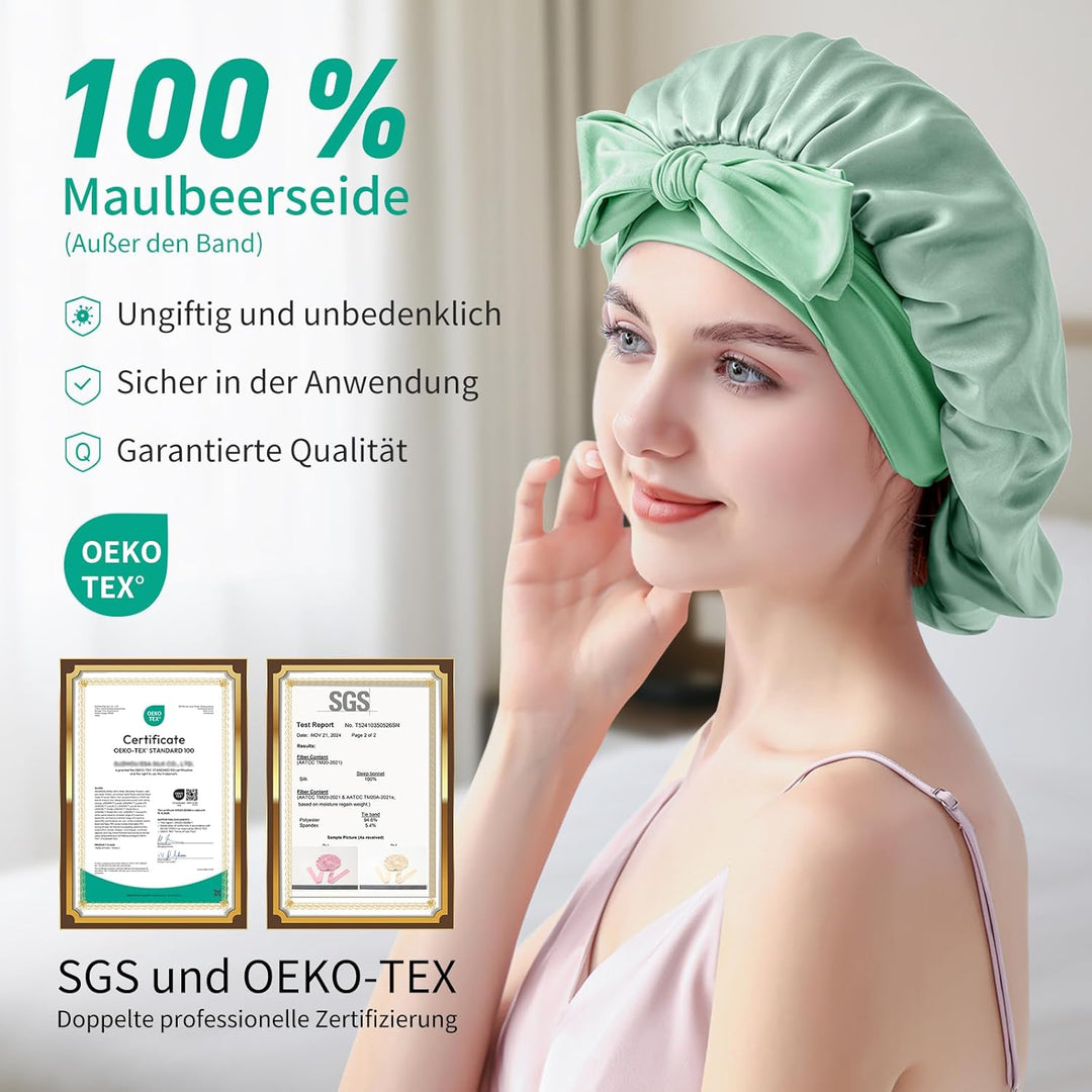 Seidenhaube zum Schlafen, Schlafhaube Seide aus 100% Maulbeerseide, 22 Momme Bonnet Seide Doppellagi