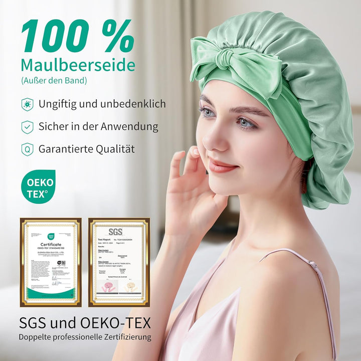 Seidenhaube zum Schlafen, Schlafhaube Seide aus 100% Maulbeerseide, 22 Momme Bonnet Seide Doppellagi