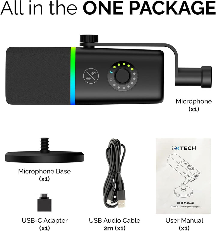 IXTECH Gaming USB Mikrofon für PC, Geräuschunterdrückung, Kondensatormikrofon für Podcasts und Video