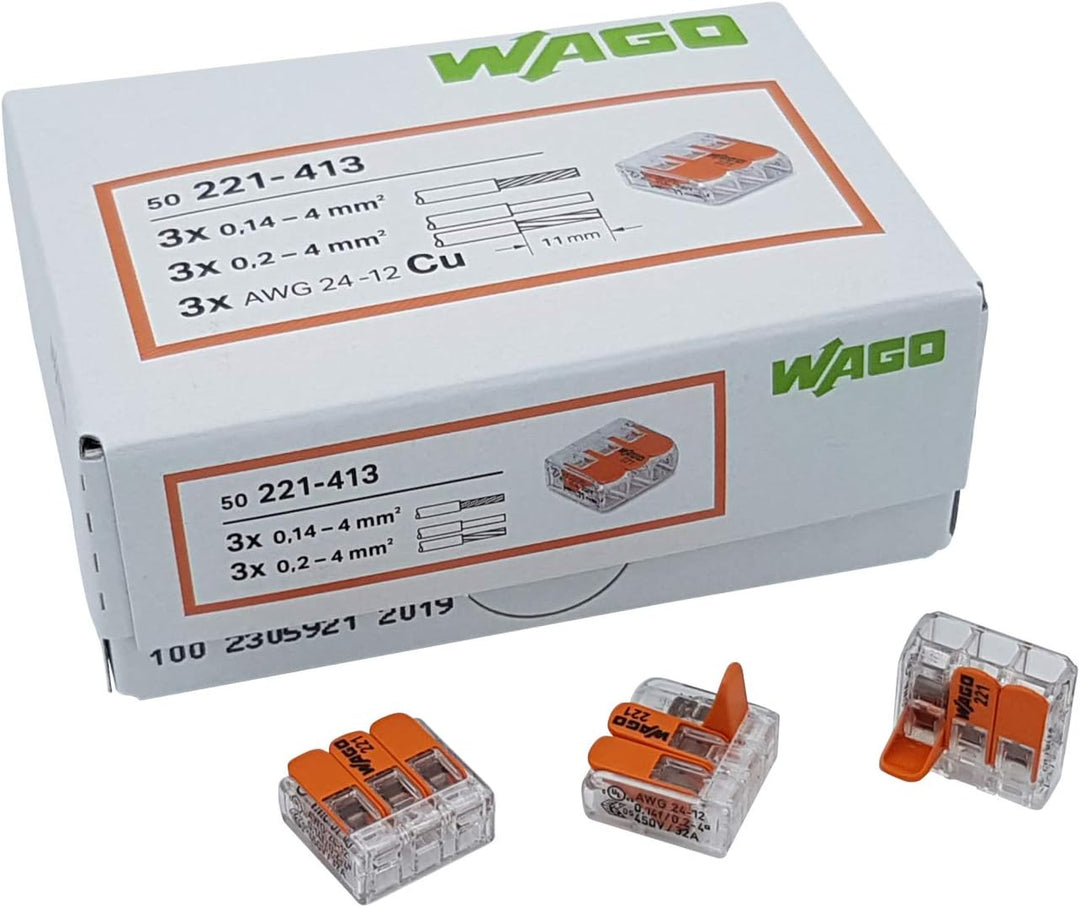 WAGO Plug-in terminal 3-way with lever for rigid (0.2-4 mm²) and flexible (0.14-4 mm²) wires to open