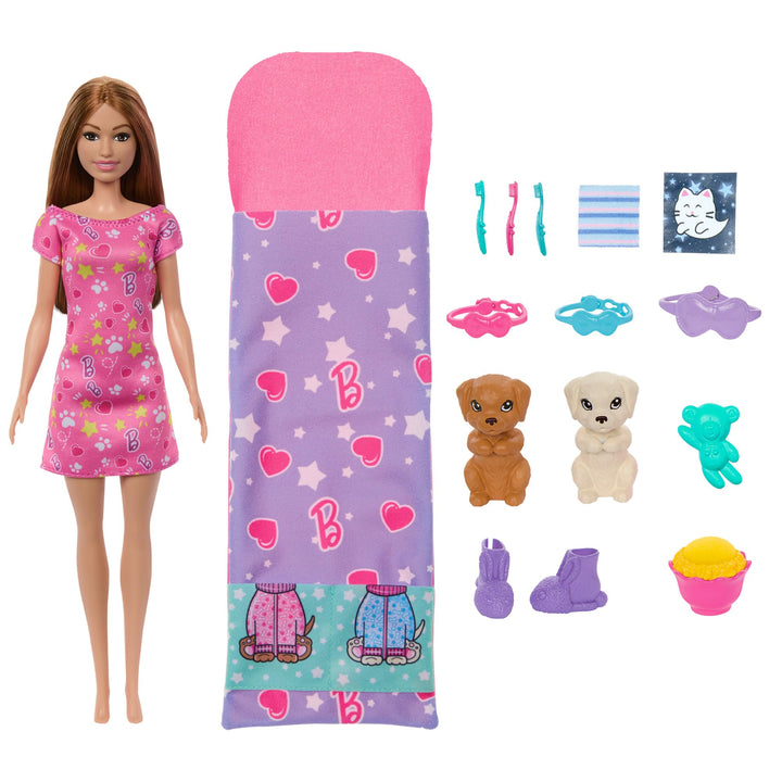 Barbie-Puppe und Spielset mit 2 Spielzeughunden und mehr als 10 Zubehörteilen, Welpen-Pyjama-Party m