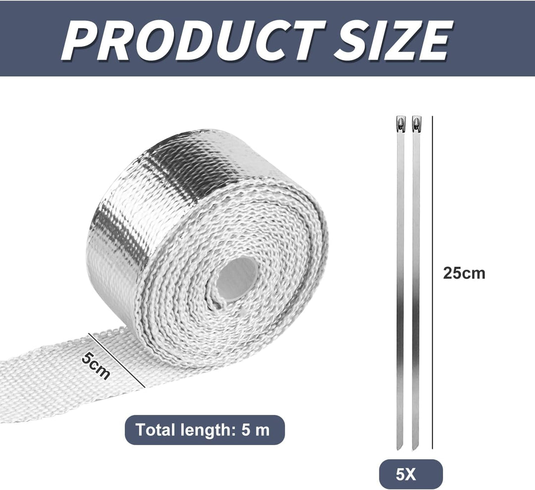Hitzeschutzband Auspuff, Auspuffband mit 5 Kabelbinder Stainless Steel, Hitzeschutz Auspuff Bandage,
