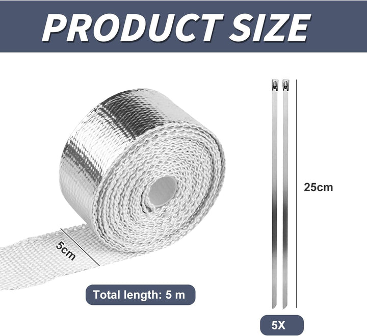 Hitzeschutzband Auspuff, Auspuffband mit 5 Kabelbinder Stainless Steel, Hitzeschutz Auspuff Bandage,
