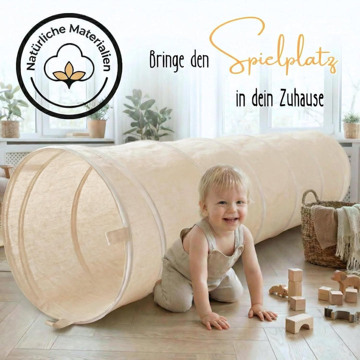 LIONHERZ® Spieltunnel für Kinder aus Baumwolle/Hanf mit Klettverschlüssen [180cm x 46cm] Krabbeltunn
