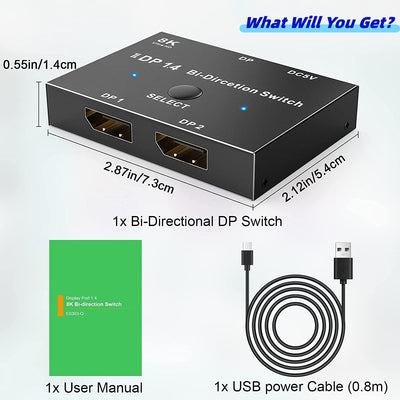 8K Displayport switch DP 1.4 splitter 8K@30Hz 4K@120Hz, Bidirektionaler Umschalter 2 in 1 Out/1 in 2