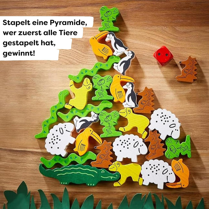 HABA Tier auf Tier – Stapelspiel aus Holz mit 29 Tieren, Balance- und Motorikspielzeug für Kinder ab