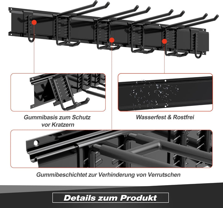 Werkzeug-Wandregal, verstellbar Wandhalterungen für Garage und Garten mit 6 Haken &amp; 2 Schienen, Hoch