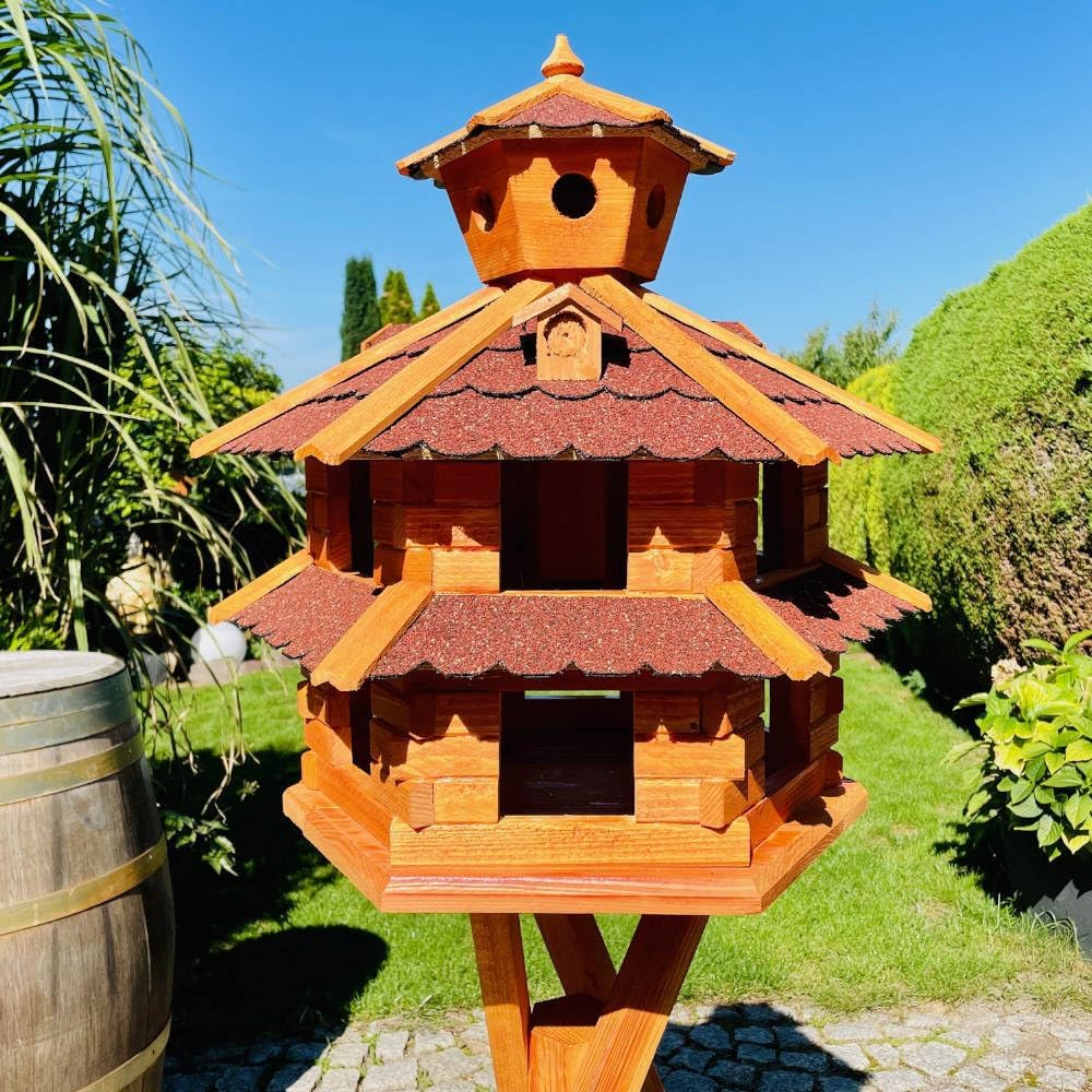 Vogelvilla wetterfest von L bis XXL Futterhaus Vogelhaus mit oder ohne Ständer in Braun mit Rot, Grü