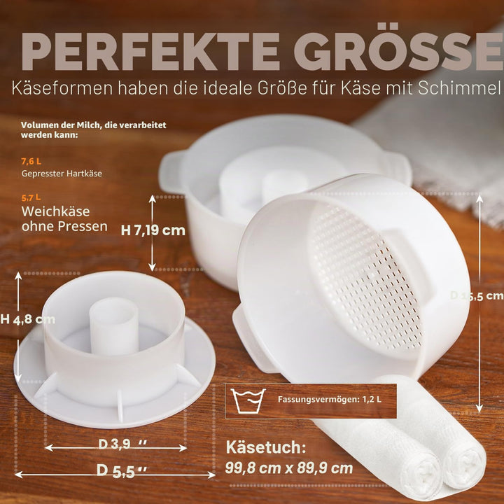 2 Käseformen mit Kolben 1,2 l und Käsetuch – Käseherstellungsset – Käseherstellungszubehör – Käseher