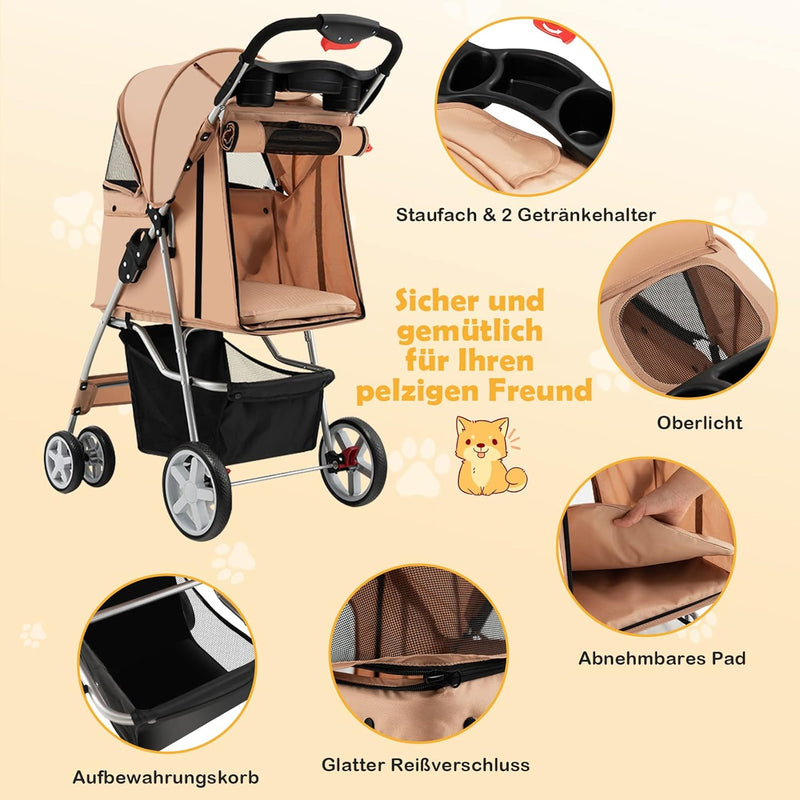 COSTWAY Hundewagen Haustiere Buggy bis 15kg, Hundebuggy mit Netzfenstern & Getränkehalter & Anhänger