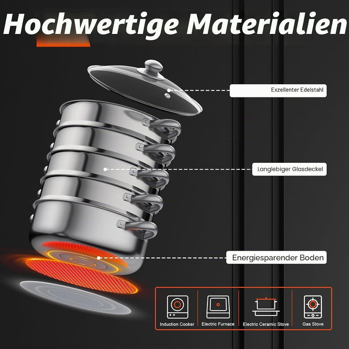 5-lagiger Mantowarka Induktion Dampfgarer Dampfkocher Edelstahl Schongarer 30cm Stapelbare Edelstahl