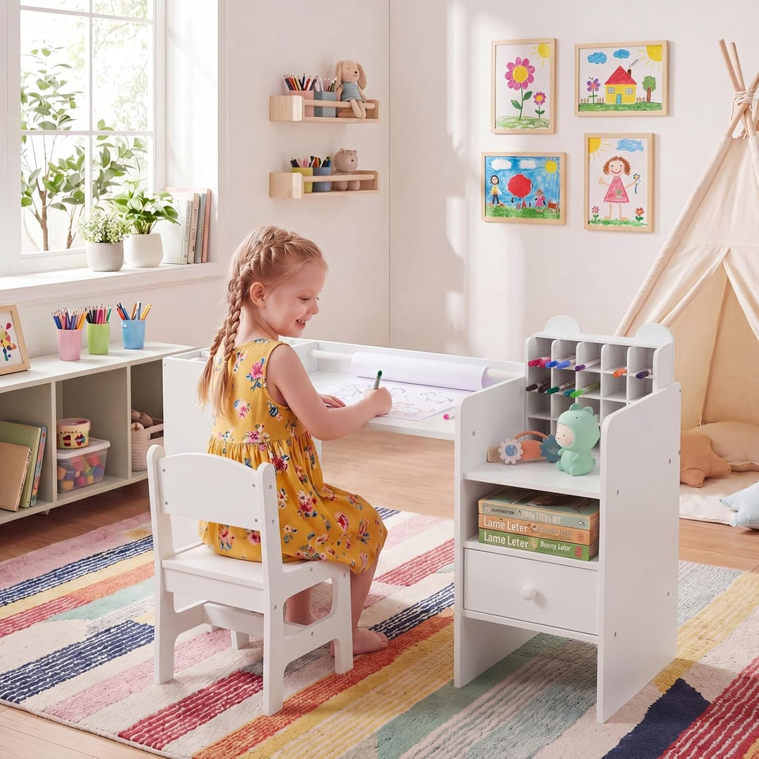 LIFEZEAL Kindertisch mit Stuhl, Zeichentisch Kinder mit Abnehmbarer Papierrolle &amp; Aufbewahrungsschra
