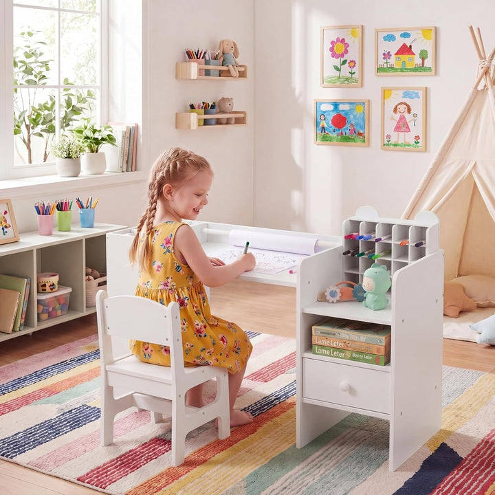 LIFEZEAL Kindertisch mit Stuhl, Zeichentisch Kinder mit Abnehmbarer Papierrolle &amp; Aufbewahrungsschra