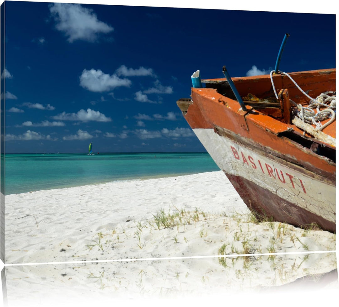 Pixxprint Boot am Strand auf Leinwand, XXL riesige Bilder fertig gerahmt mit Keilrahmen, Kunstdruck