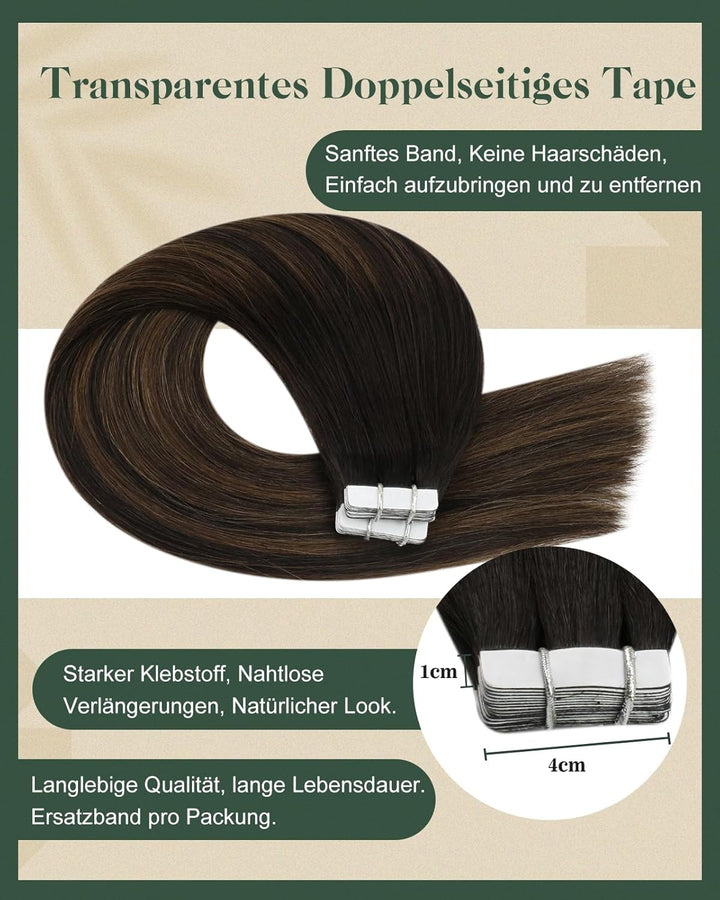 Ugeat Echthaar Extensions Tape Braun Balayage Echthaar Tape in Extensions Dunkelbraun Balayage Remy